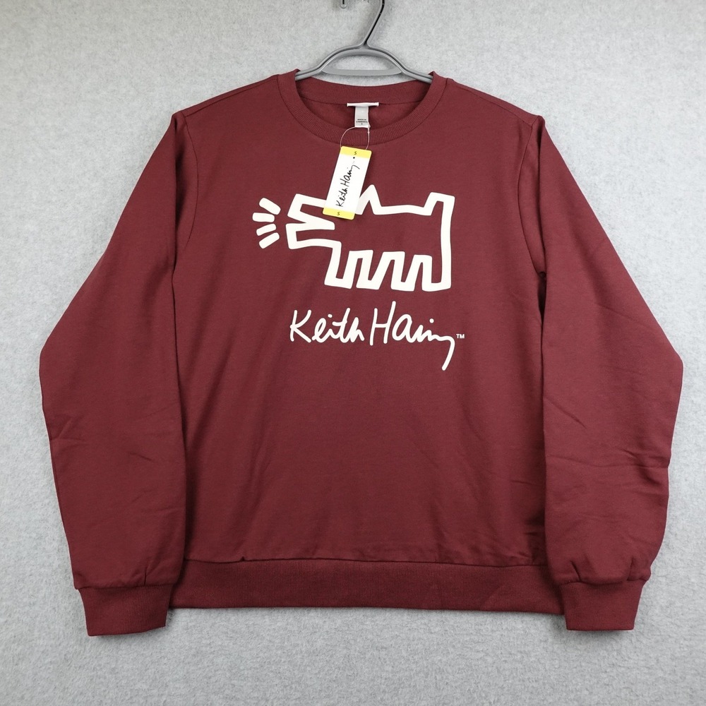 Keith Haring Womens Burgundy Crewneck Sweatshirt Classic Dog Graphic Size S